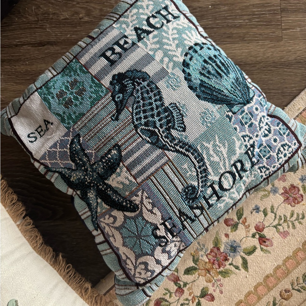Coastal Charm Accent Pillow - Teal and White